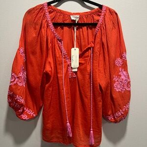 Nicole Miller Artelier Boho Embroidered Peasant top Blouse Orange